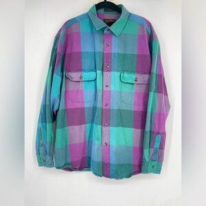 Vintage 90s Eddie Bauer Mens XL Purple Green Plaid Outbound Twill Shirt Long